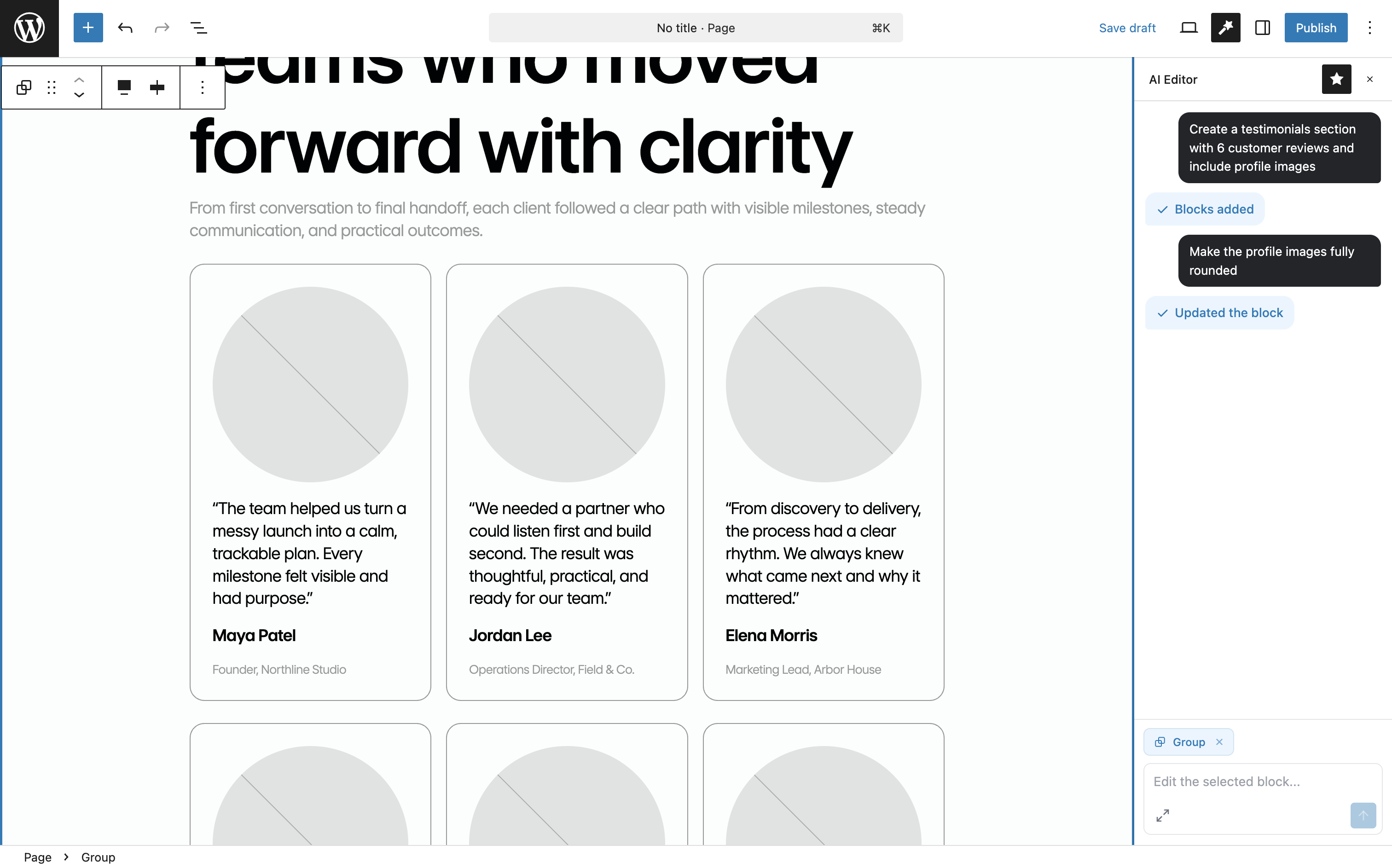 AI Block Editor sidebar open inside the Gutenberg editor.