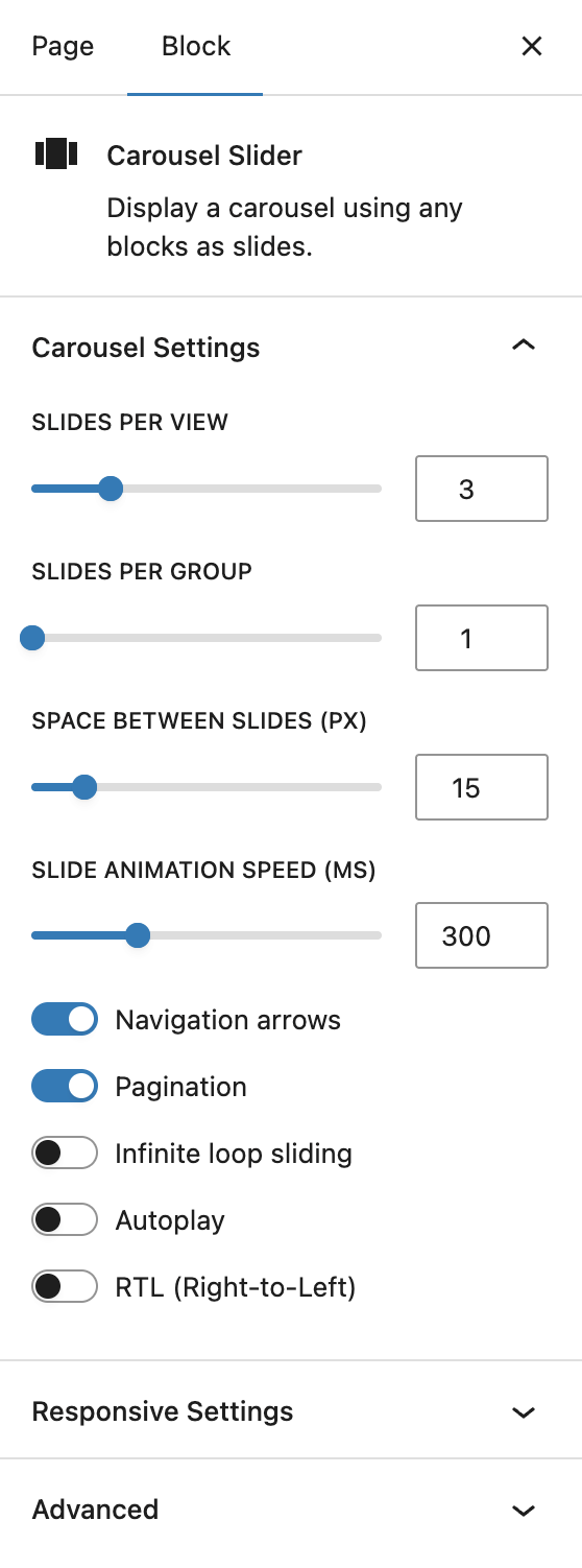 Carousel settings panel